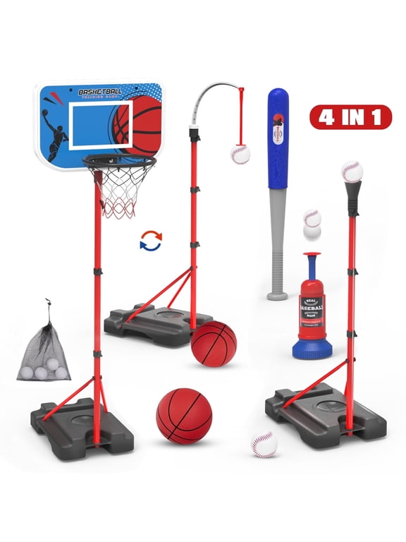 4 in 1 Kids Basketball Hoop and T Ball Set for Kids, Adjustable Height Basketball Hoop, Hanging Tee Ball Stand with Automatic Pitching Machine, Sports Gifts Toys for Boys Girls