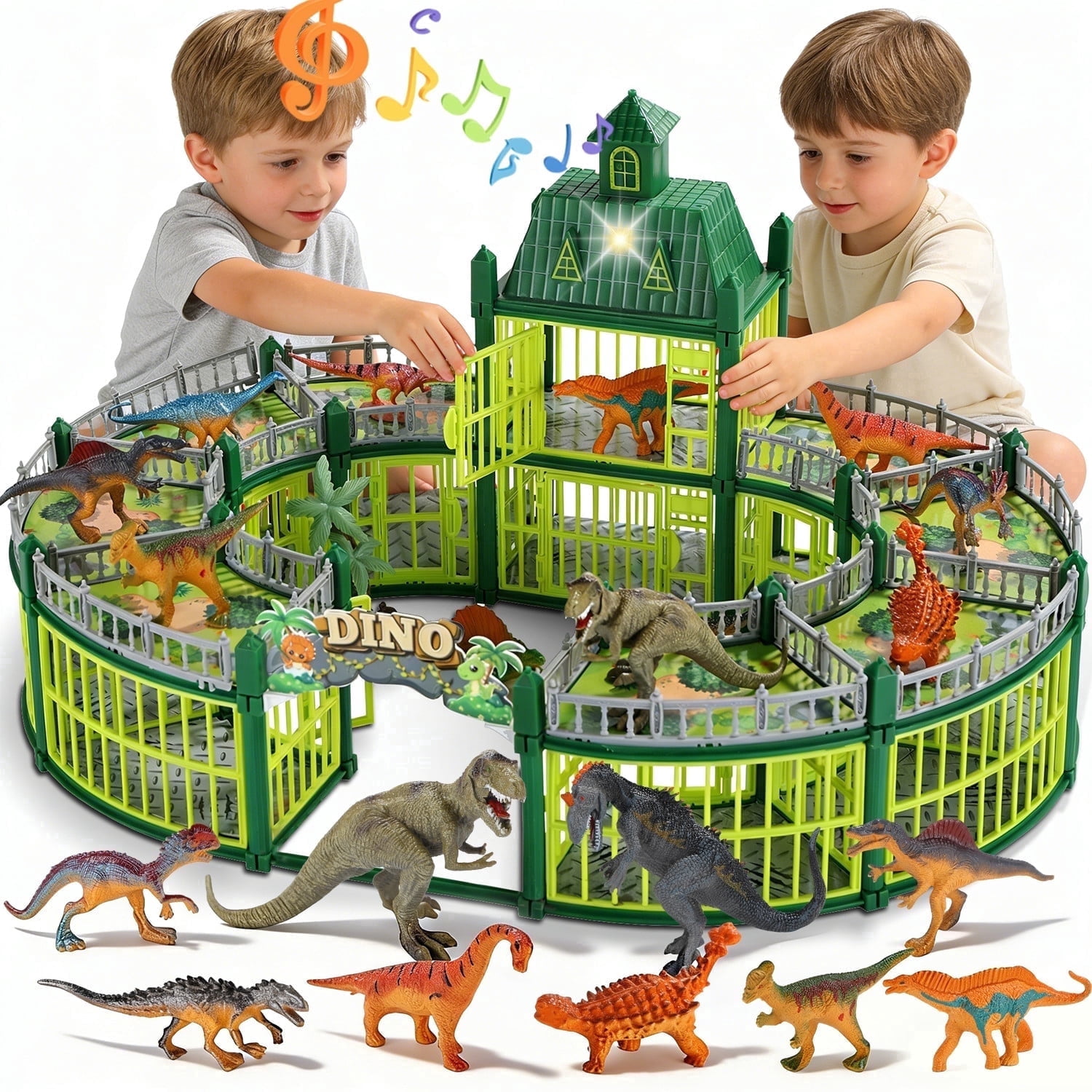 JoyStone JoyStone 215PCS Dinosaur Figures Playset with Lights & Music, Dinosaur Park Toy Set with Arena, 18 Dinosaurs & Trees, Green