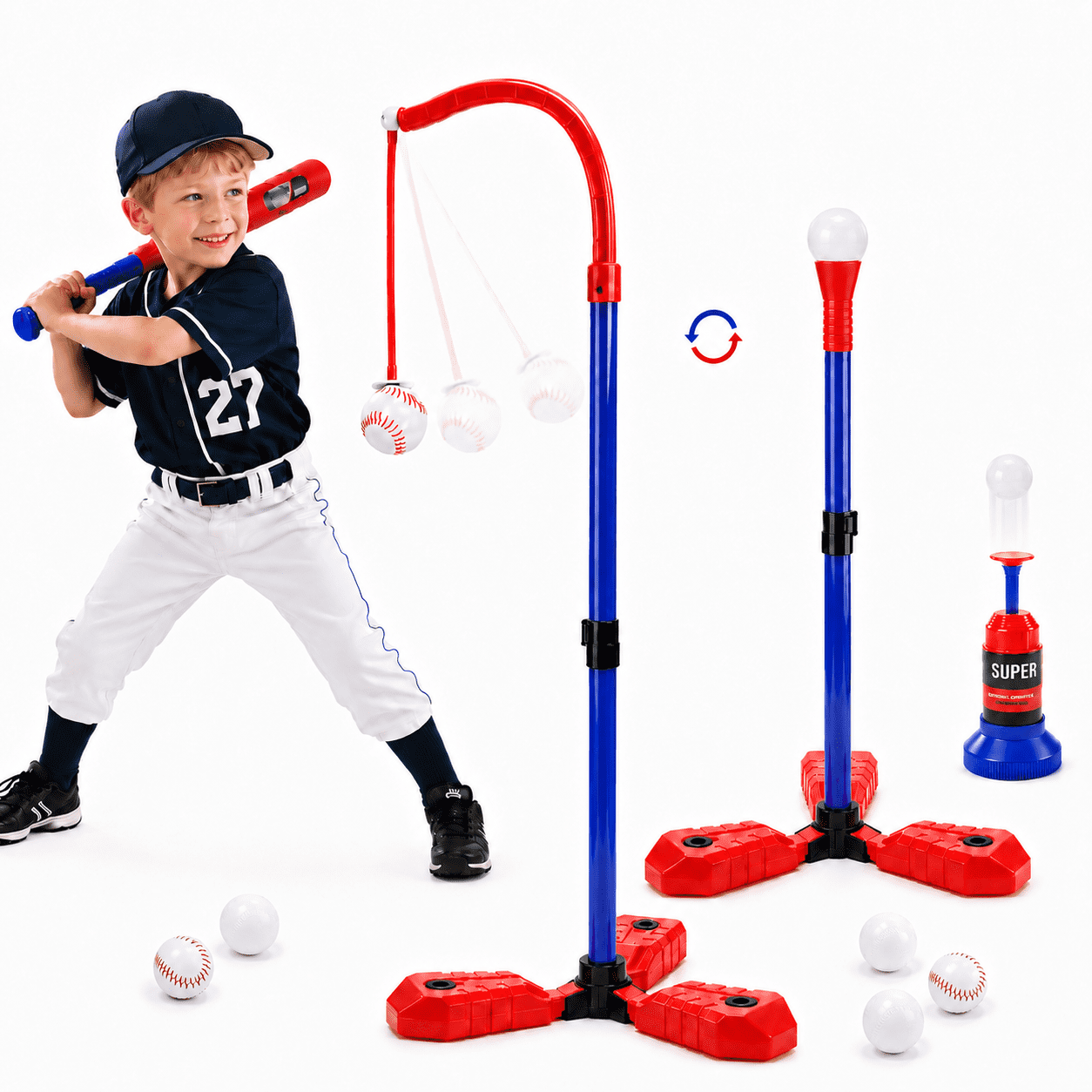 JoyStone JoyStone 3-in-1 T Ball Set for Kids, Tee Ball Stand, Hanging Tee, Automatic Ball Launcher and 5 Balls, Adjustable Height Baseball, Indoor/Outdoor Sports Gifts for Boys