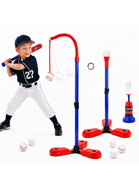 3-in-1 T Ball Set for Kids, Tee Ball Stand, Hanging Tee, Automatic Ball Launcher and 5 Balls, Adjustable Height Baseball, Indoor/Outdoor Sports Gifts for Boys