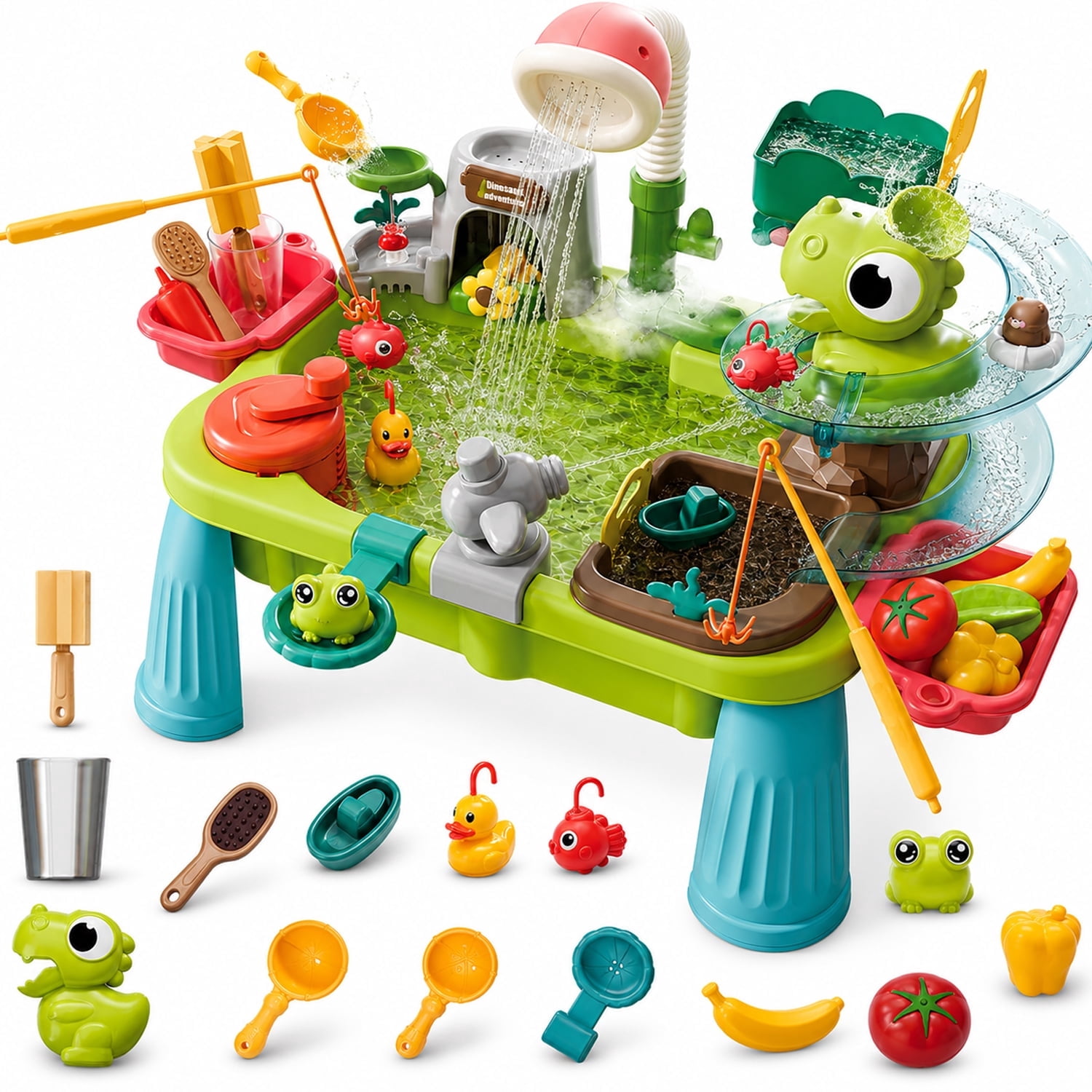 JoyStone JoyStone 4-in-1 Dinosaur Water Table Toy with Electric Water Pump, Mist Spray & Wave Maker, 45PCS Toddler Sand Water Play Table for Boys Girls Age 3+