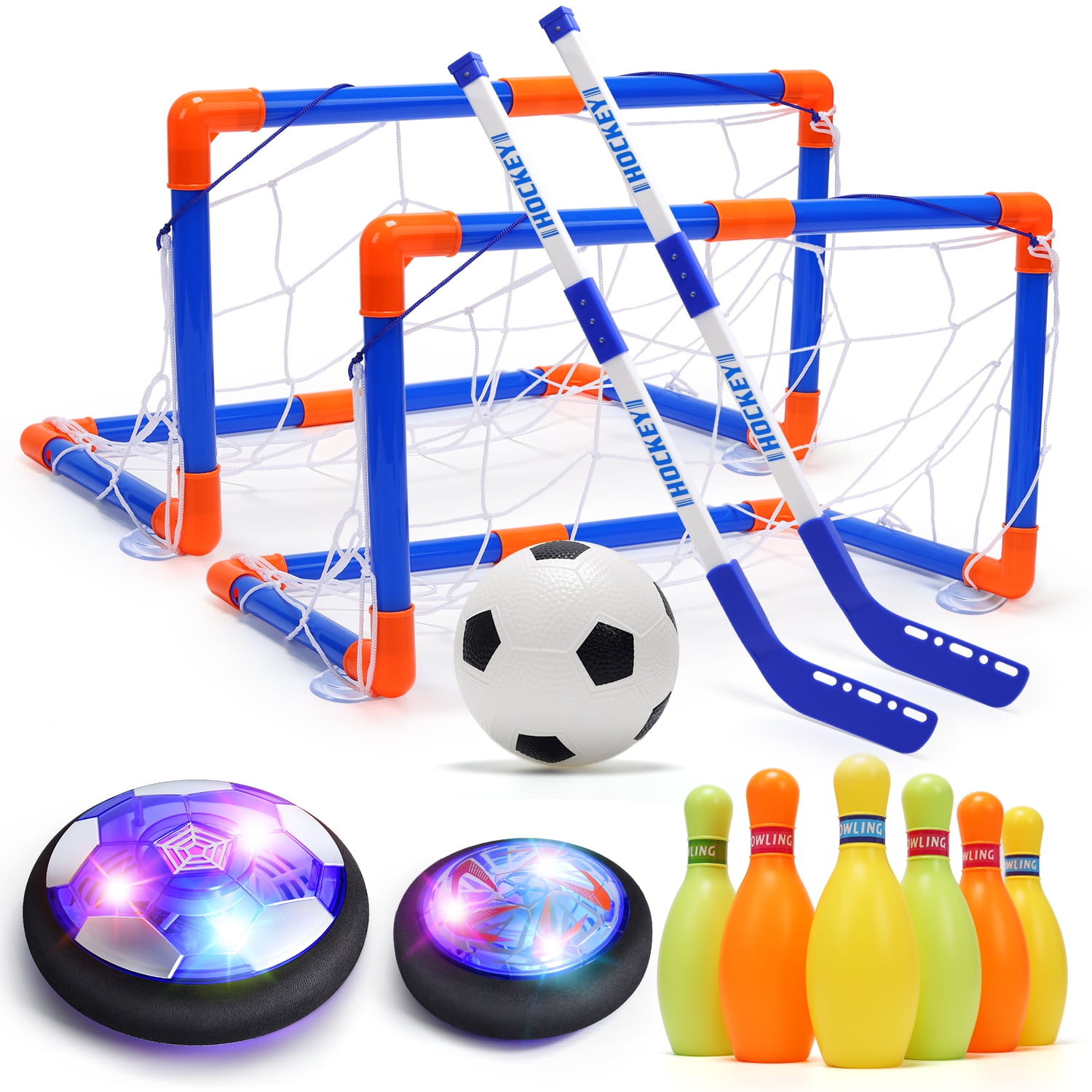 JoyStone 4-in-1 Hover Soccer Ball Set, Hockey Bowling Toy Set, Rechargeable Hover Soccer & Hockey Ball with LED Light, Christmas Birthday Gifts for Boys Girls 3-12