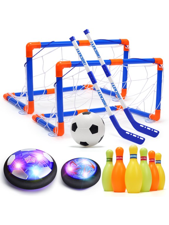 4-in-1 Hover Soccer Ball Set, Hockey Bowling Toy Set, Rechargeable Hover Soccer & Hockey Ball with LED Light, Christmas Birthday Gifts for Boys Girls 3-12