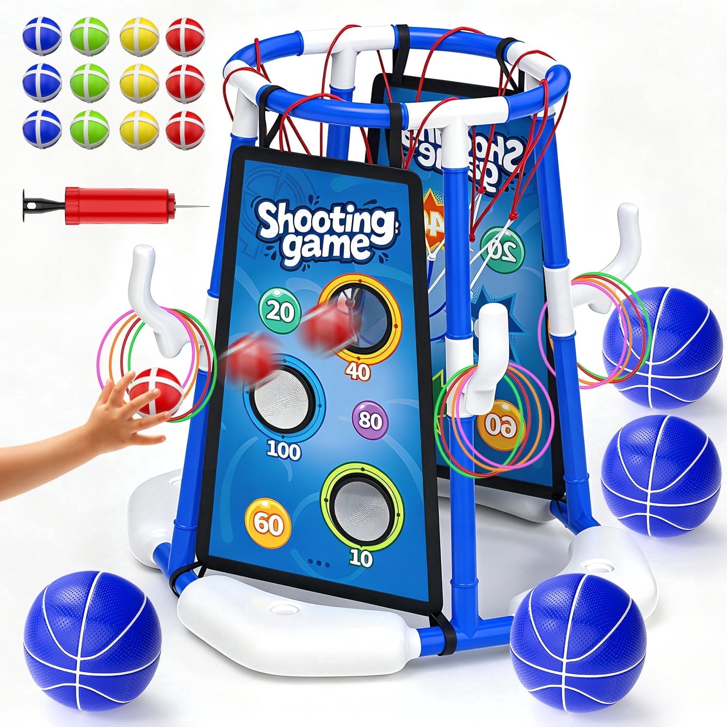 JoyStone JoyStone 4-in-1 Floating Pool Basketball Hoop Set, Pool Toys with 4 Basketballs, Ring Toss and Sticky Ball Toss, Outdoor Summer Pool Games for Kids, Blue
