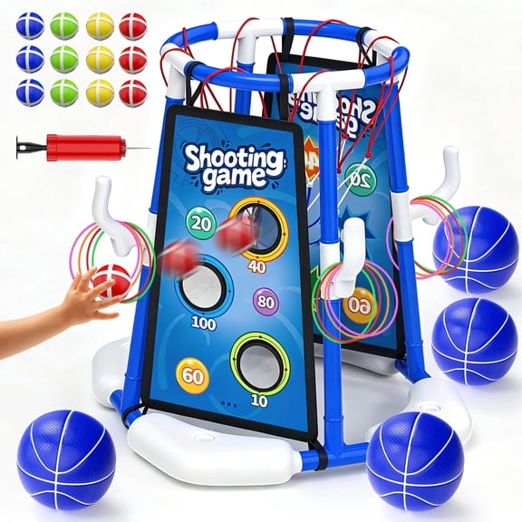 JoyStone 4-in-1 Floating Pool Basketball Hoop Set, Pool Toys with 4 Basketballs, Ring Toss and Sticky Ball Toss, Outdoor Summer Pool Games for Kids, Blue