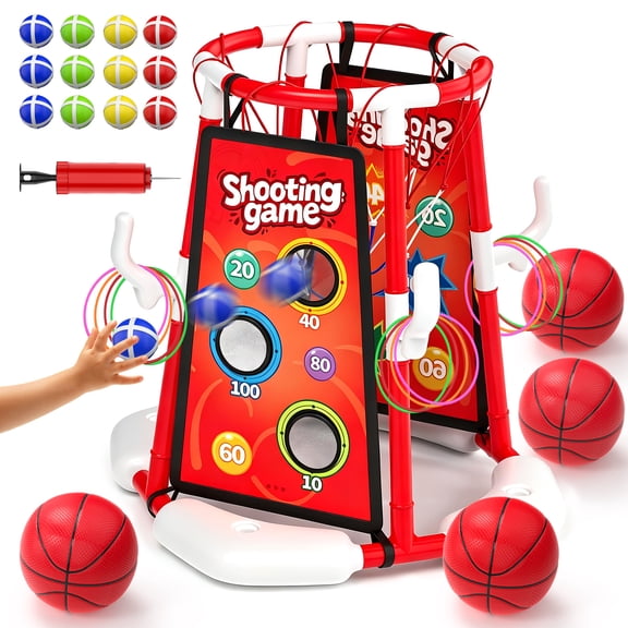 JoyStone 4-in-1 Floating Pool Basketball Hoop Set, Pool Toys with 4 Basketballs, Ring Toss and Sticky Ball Toss, Outdoor Summer Pool Games for Kids, Red