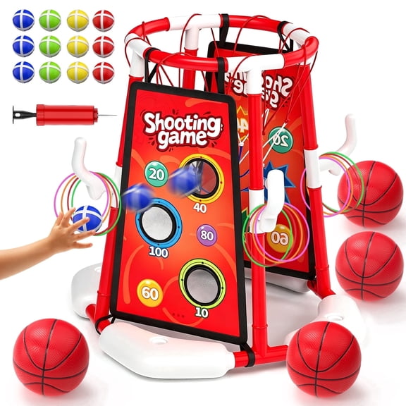 JoyStone 4-in-1 Floating Pool Basketball Hoop Set, Pool Toys with 4 Basketballs, Ring Toss and Sticky Ball Toss, Outdoor Summer Pool Games for Kids, Red