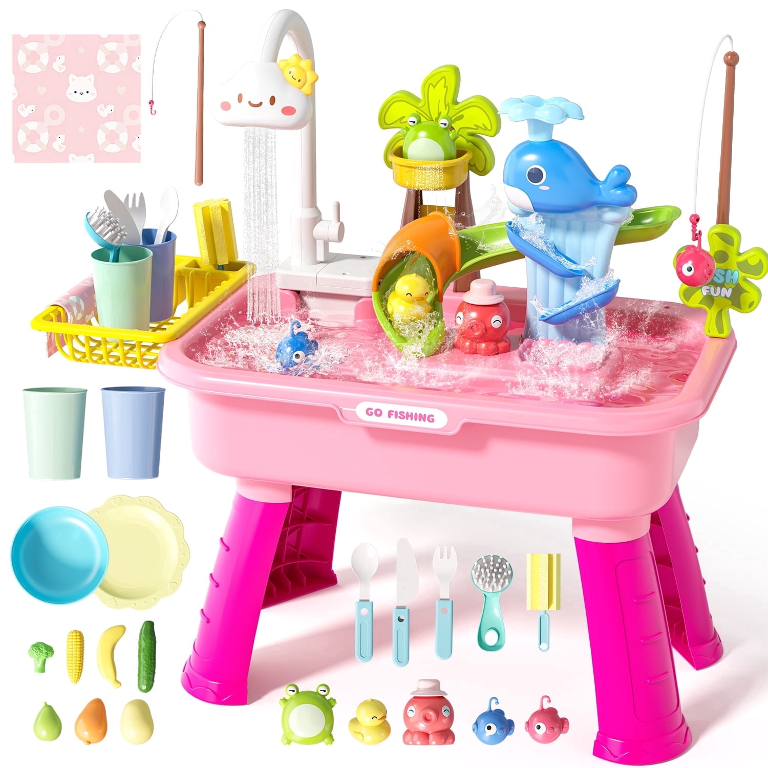 JoyStone JoyStone 4-in-1 Toddler Sand & Water Table, 21.25 in Kids Sink Playset with Electric Pump, Fishing Toys & Play Food, Age 3+