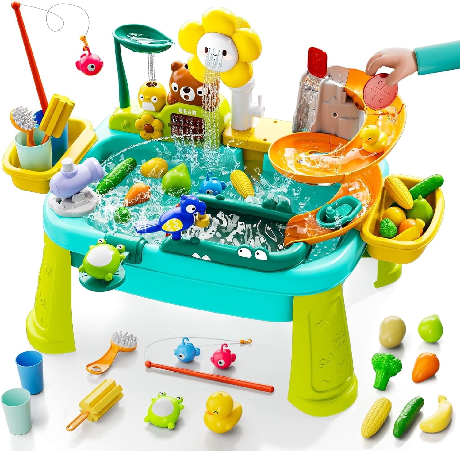 JoyStone JoyStone 4-in-1 Toddler Sand Water Table with Electric Pump, 23.22” Kids Kitchen Sink Water Table with Fishing Toys & Play Food, Outdoor Play Table for Boys Girls Age 3+