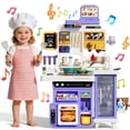 thumbnail image 1 of JoyStone 78PCS Large Kids Play Kitchen Set for Toddlers, 35.43 in Pretend Cooking Toy Kitchen with Interactive Menu, Water Play Coffee Maker, Lights Sounds Music for Kids 3+, Purple, 1 of 13