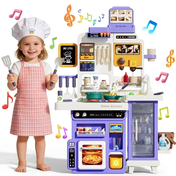 JoyStone 78PCS Large Kids Play Kitchen Set for Toddlers, 35.43 in Pretend Cooking Toy Kitchen with Interactive Menu, Water Play Coffee Maker, Lights Sounds Music for Kids 3+, Purple