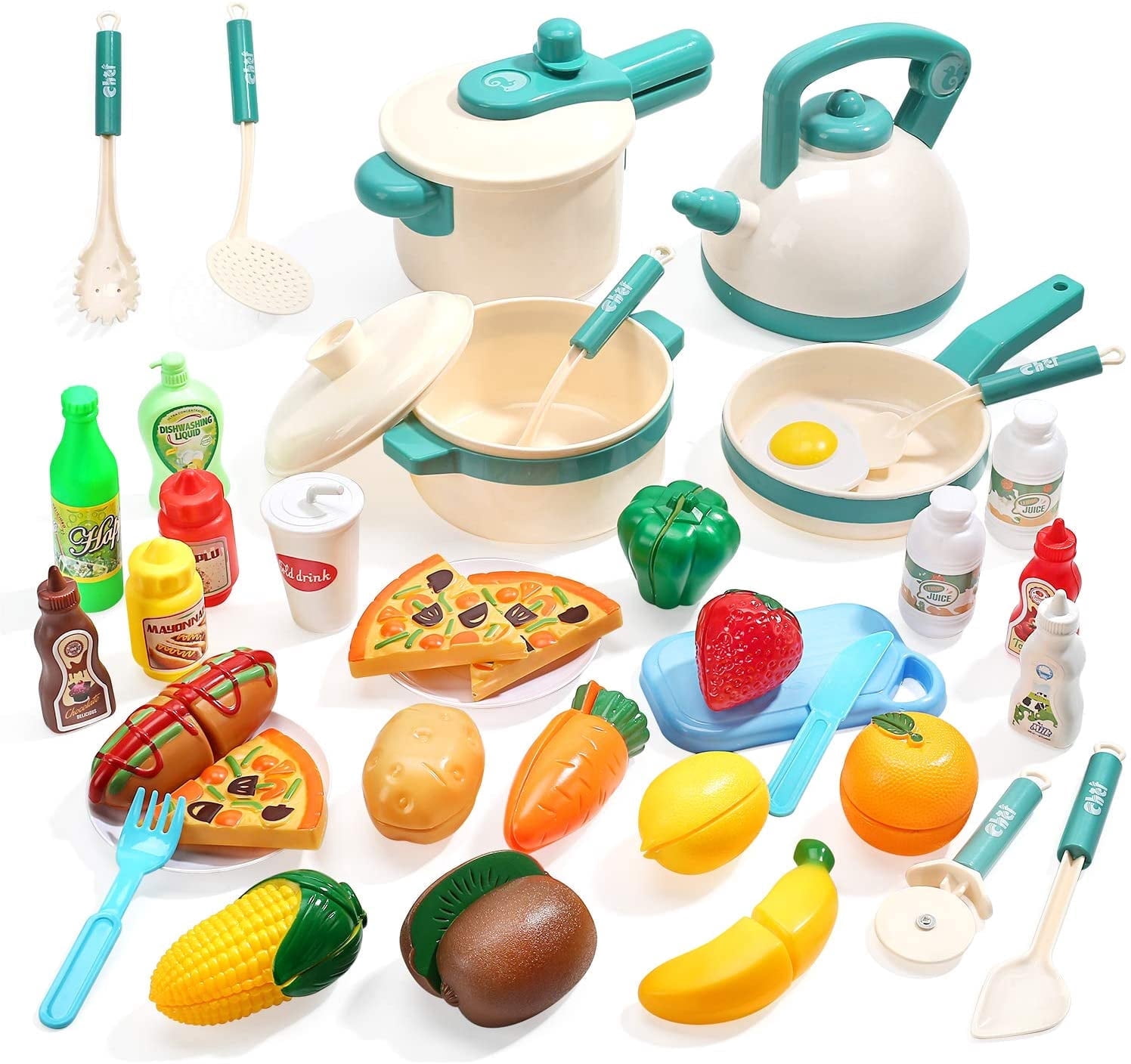 JoyStone JoyStone 40PCS Kids Kitchen Pretend Play Toys, Cooking Set with Pots and Pans Cookware Cutting Play Food, Great Gift for Toddles Infant Boys Girls
