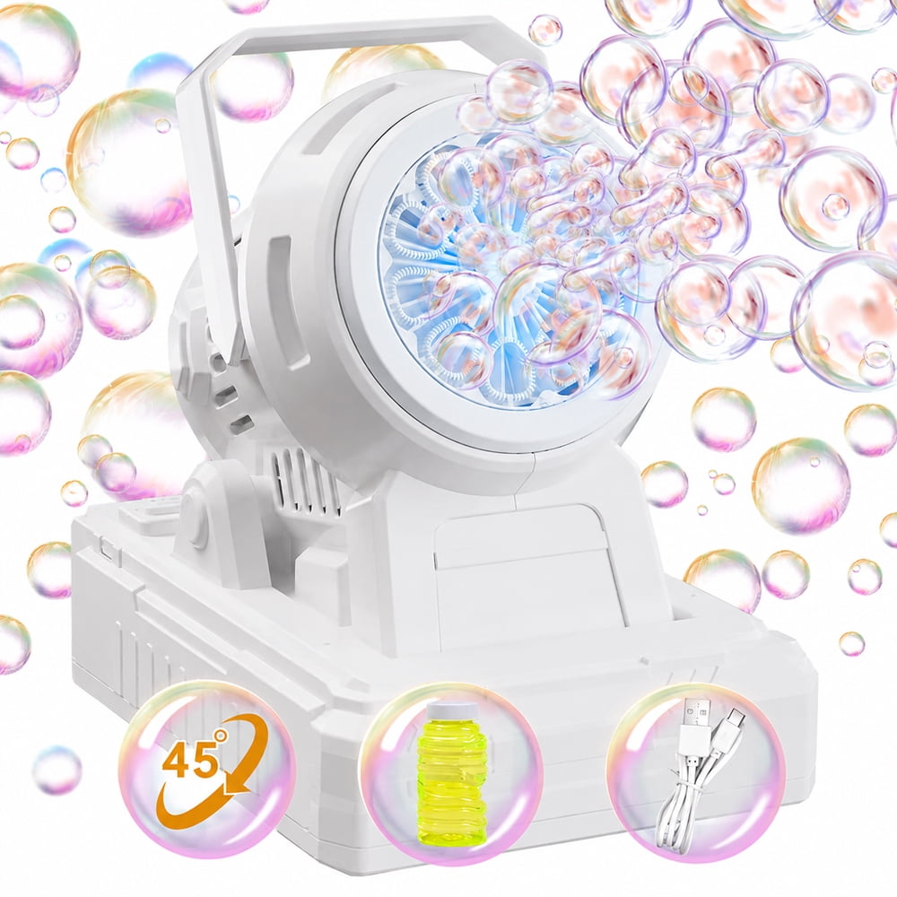 JoyStone JoyStone White Automatic Bubble Machine with Lights, Adjustable Angle, Dual Power USB or Battery, Includes Bubble Solution, Outdoor Bubble Blower for Kids