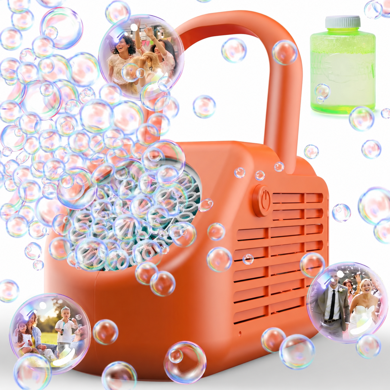 JoyStone 42 Hole Automatic Bubble Machine, High-Output Bubble Maker, 20000+ Bubbles/Minute, Portable Handle, Perfect for Outdoor Parties, Gifts for 3+ Ages, Orange