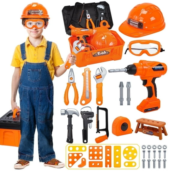 JoyStone 42PCS Tool Set Toddler Beginner Tool Set with Tool Box & Toy Chainsaw & Drill,Pretend Play Toys, Gifts for 3-7 Kids, Yellow