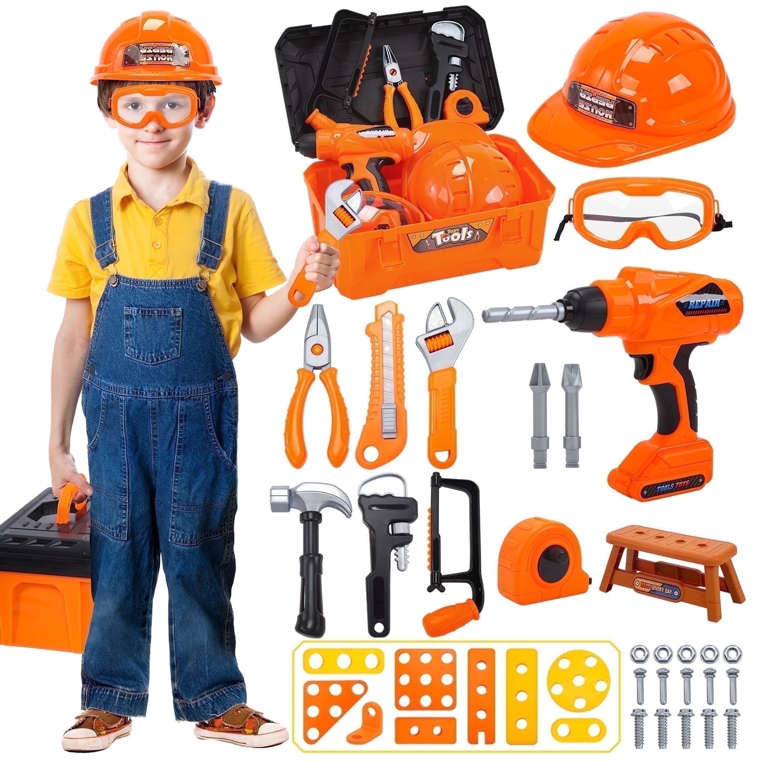 JoyStone JoyStone 42PCS Tool Set Toddler Beginner Tool Set with Tool Box & Toy Chainsaw & Drill,Pretend Play Toys, Gifts for 3-7 Kids, Yellow