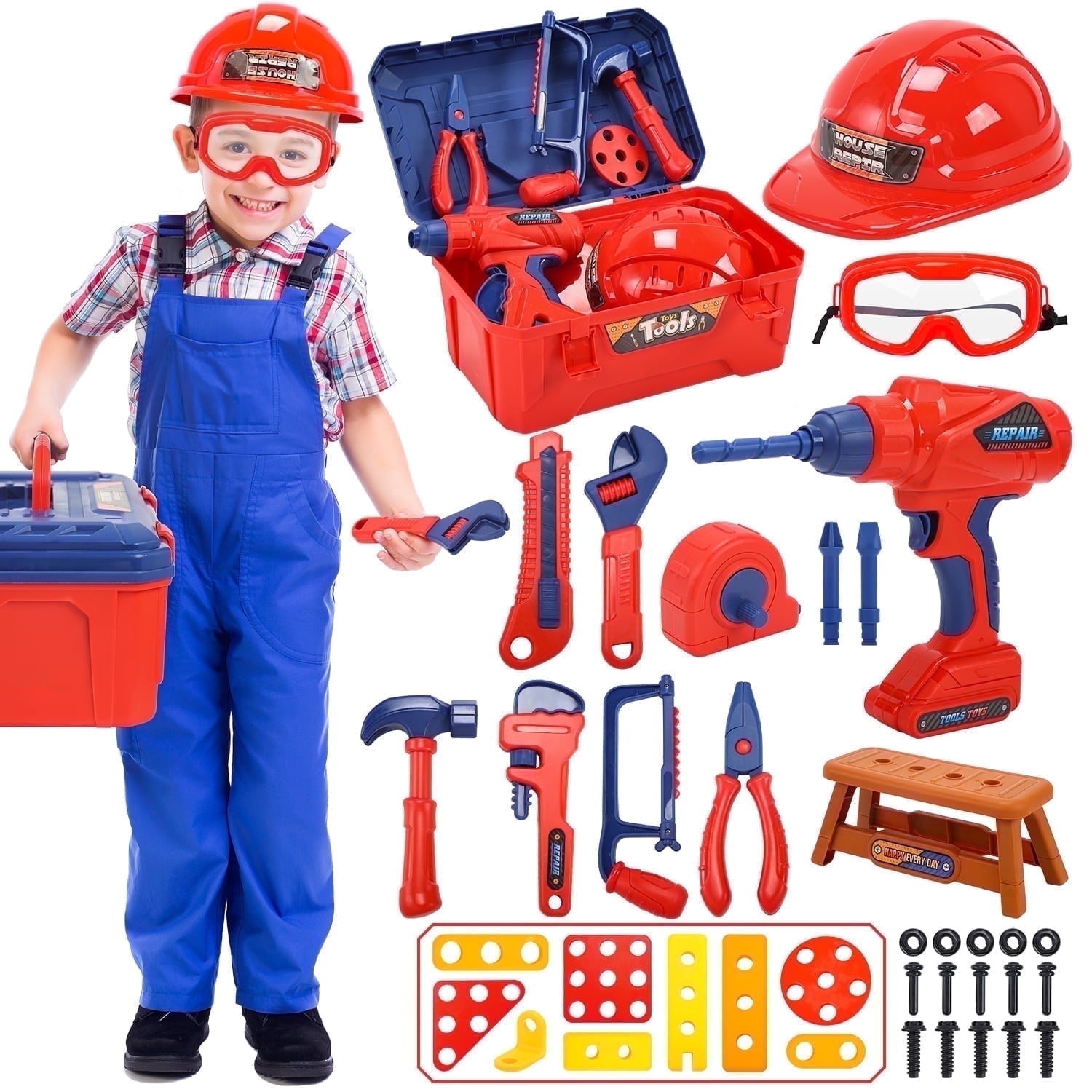 JoyStone 42PCS Tool Set Toddler Beginner Tool Set with Tool Box & Toy Chainsaw & Drill,Pretend Play Toys, Gifts for 3-7 Kids