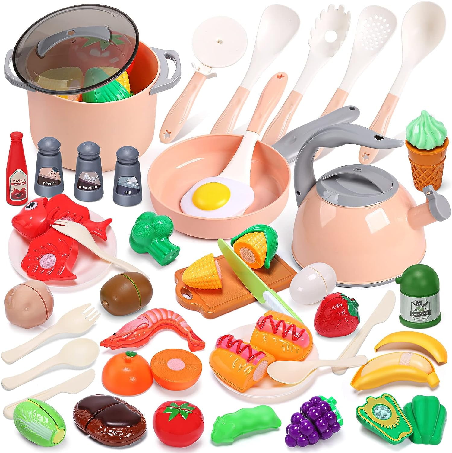 JoyStone 44Pcs Kitchen Cookware for Kids, Toy Kitchen Play Food Set