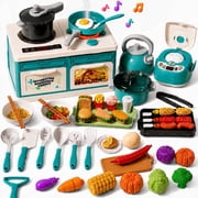 JoyStone 66PCS Kids Pretend Play Kitchen Set with Lights, Sounds & Mist, Rice Cooker, BBQ Grill, Cookware & Cutting Food