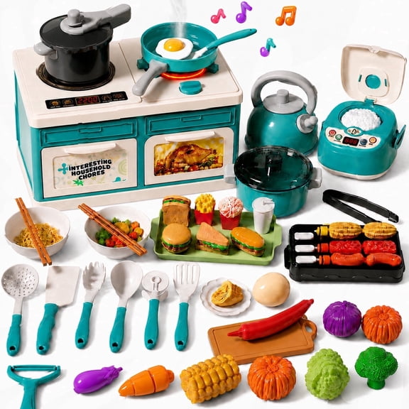 JoyStone 66PCS Kids Pretend Play Kitchen Set with Lights, Sounds & Mist, Rice Cooker, BBQ Grill, Cookware & Cutting Food