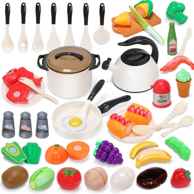 JoyStone 44Pcs Pretend Play Kitchen Set, Cookware, Food, Pots Pans