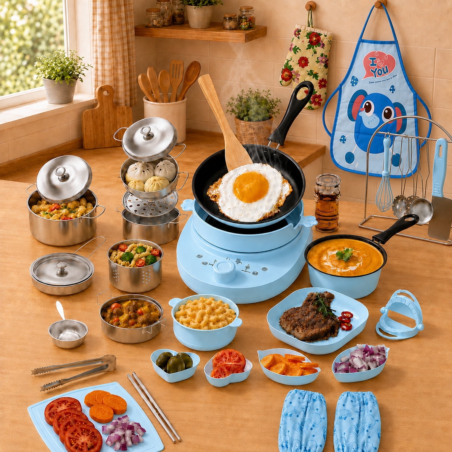 JoyStone JoyStone 45 PCS Kids Real Cooking Set, Montessori Kitchen Tools with Kid Safe Knives & Utensils, Beginner Food Making Kit Educational Toy for Boys Girls Age 8-12, Blue