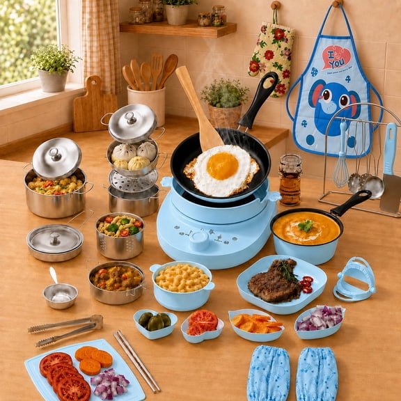 JoyStone 45 PCS Kids Real Cooking Set, Montessori Kitchen Tools with Kid Safe Knives & Utensils, Beginner Food Making Kit Educational Toy for Boys Girls Age 8-12, Blue