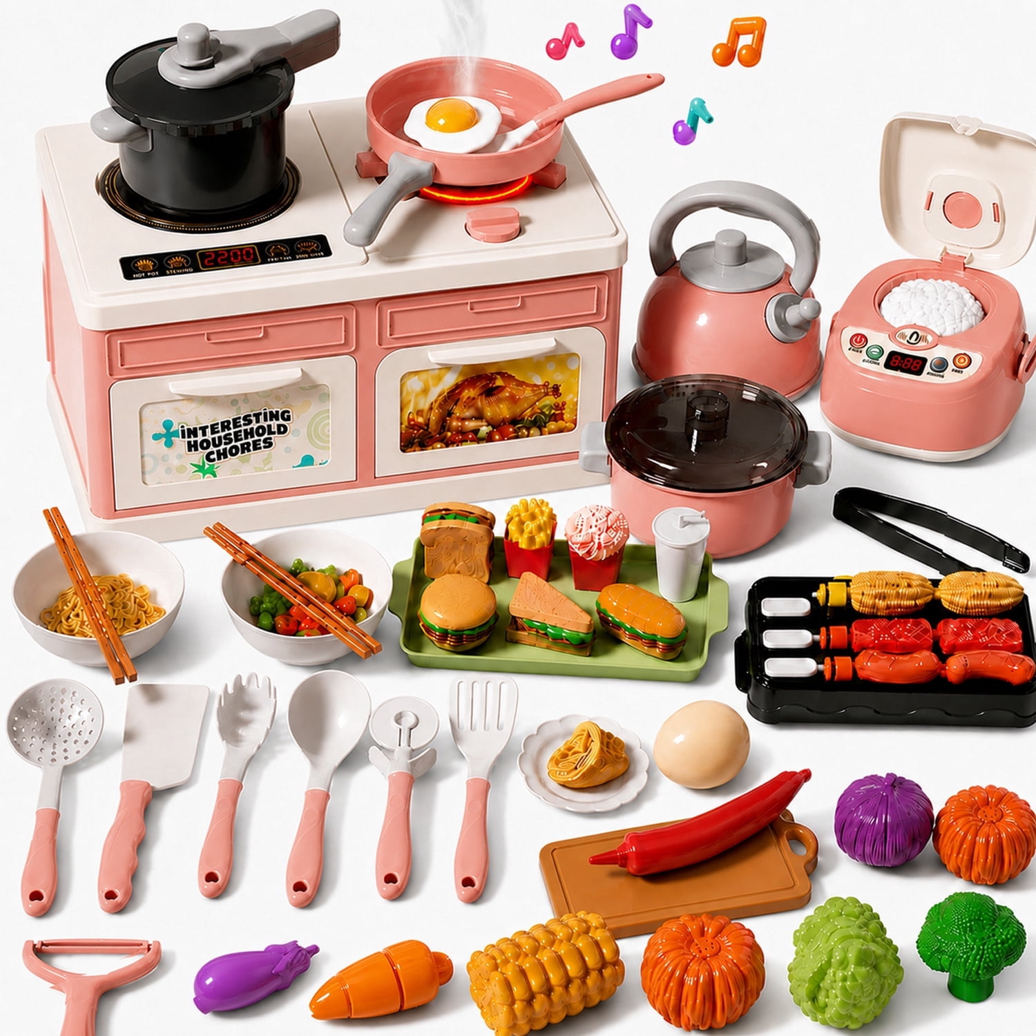 JoyStone JoyStone 66PCS Kids Pretend Play Kitchen Set with Lights, Sounds & Mist, Rice Cooker, BBQ Grill, Cookware & Cutting Food, Pink