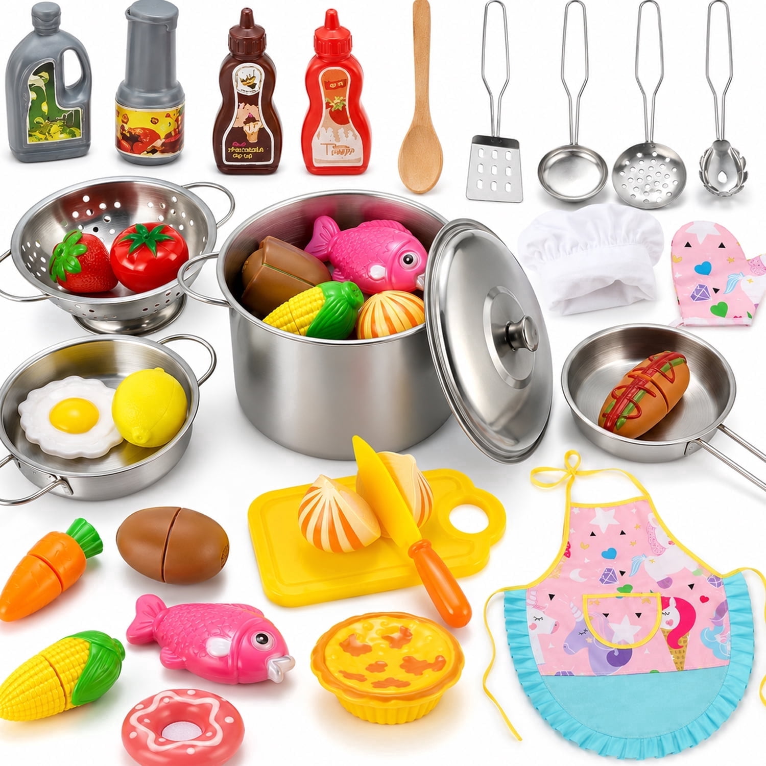 JoyStone JoyStone Kids Cooking Playset, Stainless Steel Pots and Pans Pretend Play Kitchen Toy Set with Apron, Chef Hat, Cuttable Food and Seasoning Bottles for Age 3+, Pink