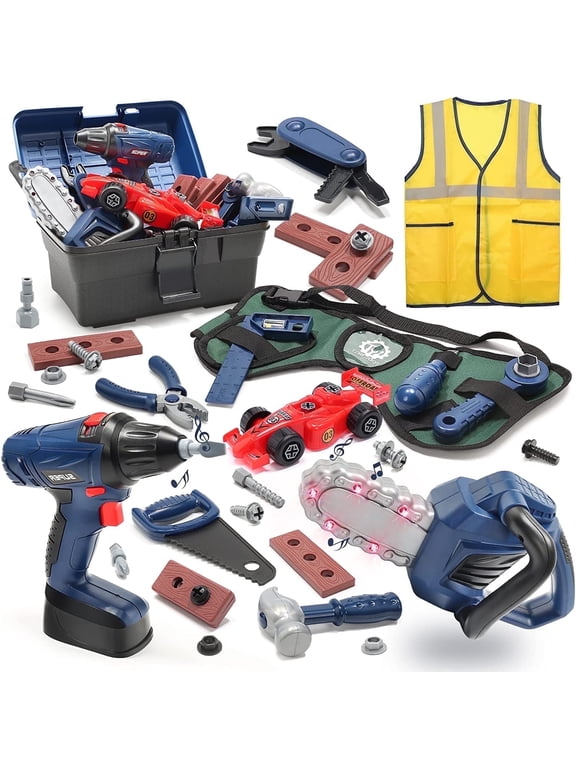 47 PCS Kids Pretend Play Tool Sets, ABS Play Tools Box with Electric Power Toy Drill & Chainsaw for Toddles Boys