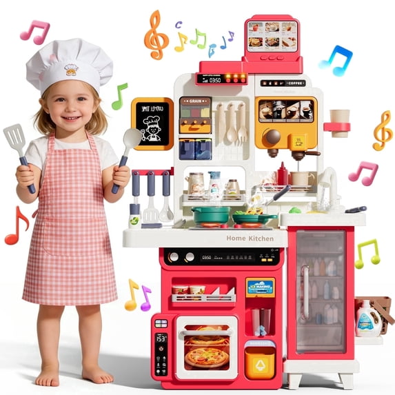 JoyStone 78PCS Large Kids Play Kitchen Set for Toddlers, 35.43 in Pretend Cooking Toy Kitchen with Interactive Menu, Water Play Coffee Maker, Lights Sounds Music for Kids 3+, Red