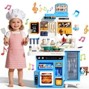 JoyStone 78PCS Large Kids Play Kitchen Set for Toddlers, 35.43 in Pretend Cooking Toy Kitchen with Interactive Menu, Water Play Coffee Maker, Lights Sounds Musi