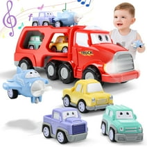 JoyStone 5 in 1 Carrier Truck Transport Car Toys with Light and Sound, Pull Back Cars & Airplane, Vehicles Toys for Kids Age 2-6, Christmas Birthday Gifts, Red