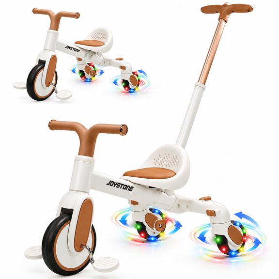 JoyStone 4-in-1 Toddler Tricycle for Ages 1-5 Years, Kids Drift Trike with Adjustable Parent Push Handle, 360° Light-Up Drift Wheels, Ride-On Toy for Boys Girls, Light Brown