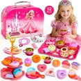 thumbnail image 1 of JoyStone 52 PCS Tea Party Set, Pretend Tin Teapot Set with Crown, Necklace, Rings, Cups, Plates & Accessories, Ideal Birthday and Holiday Gifts for Kids Age 3-6, Pink, 1 of 9
