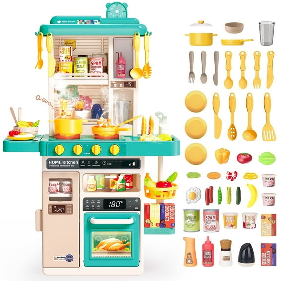 JoyStone 50PCS Kids Kitchen Playset, Play Kitchen Toy with Realistic Lights & Sounds & Spary, Cookware Steam & Other Kitchen Accessories Set for Toddlers, Green