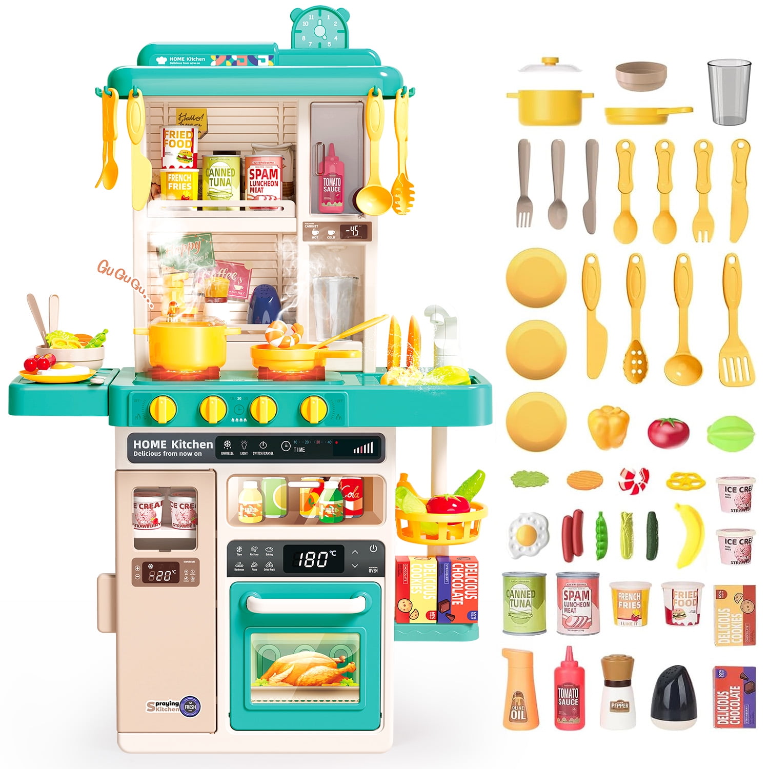 Green Interactive Kids Kitchen Play Set with 50 Pieces