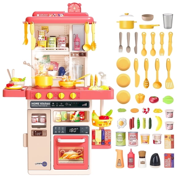 JoyStone 50PCS Kids Kitchen Playset, Play Kitchen Toy with Realistic Lights & Sounds & Spary, Cookware Steam & Other Kitchen Accessories Set for Toddlers, Red