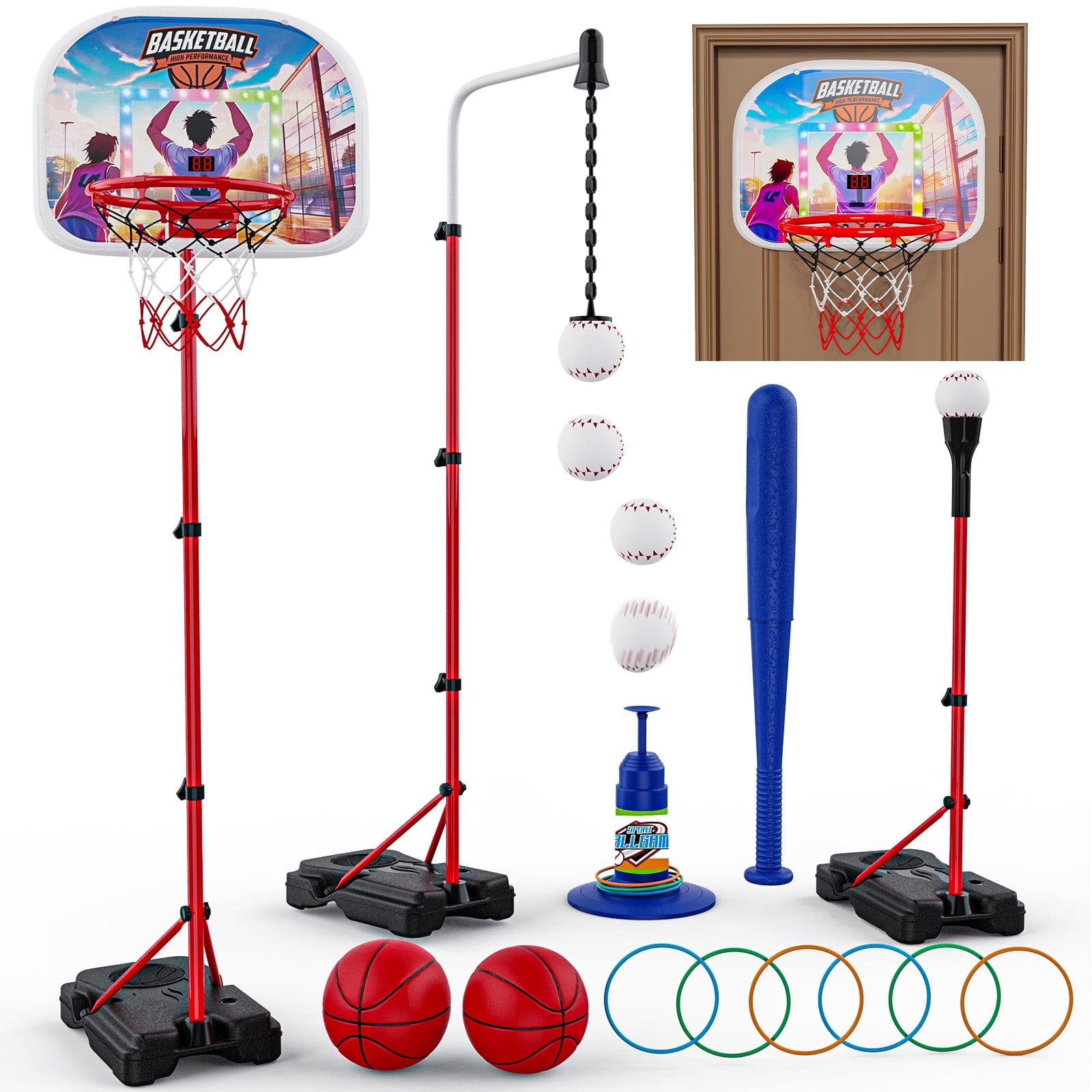 JoyStone JoyStone 6 in 1 Kids Basketball Hoop and T Ball Set Ring Toss Game, Toddler basketball hoop with Electronic Scoreboard Music and LED Lights, Sports Gifts Toys for Boys Girls
