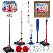 JoyStone 6 in 1 Kids Basketball Hoop and T Ball Set Ring Toss Game, Toddler basketball hoop with Electronic Scoreboard Music and LED Lights, Sports Gifts Toys for Boys Girls