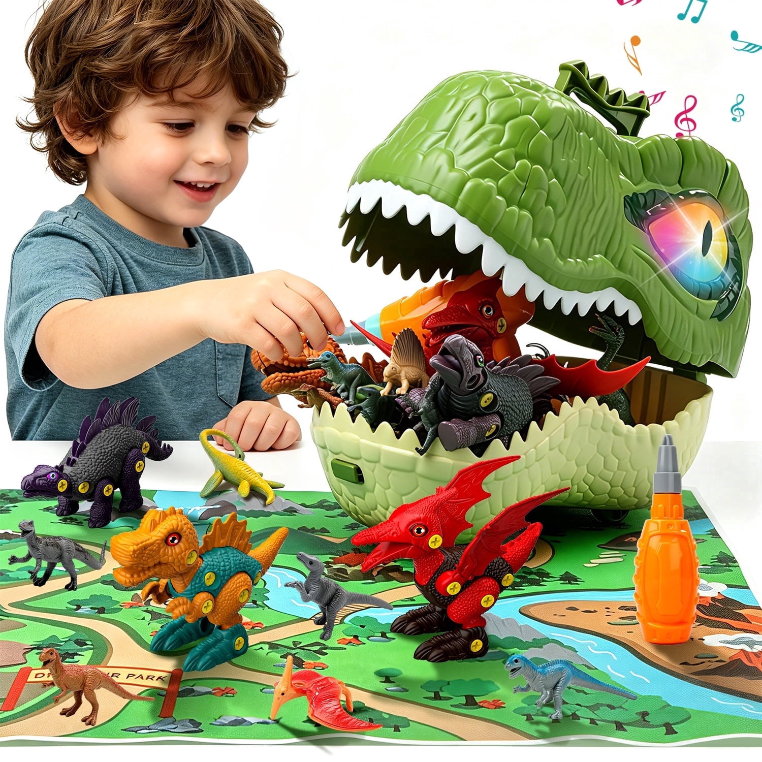 JoyStone JoyStone Dinosaur Toys with Light & Sound for Kids, Realistic Dino Figures Set with 3 Pack Take Apart Dinosaur Toys, Electric Drill & Map, Great Gift for Toddler Boys & Girls
