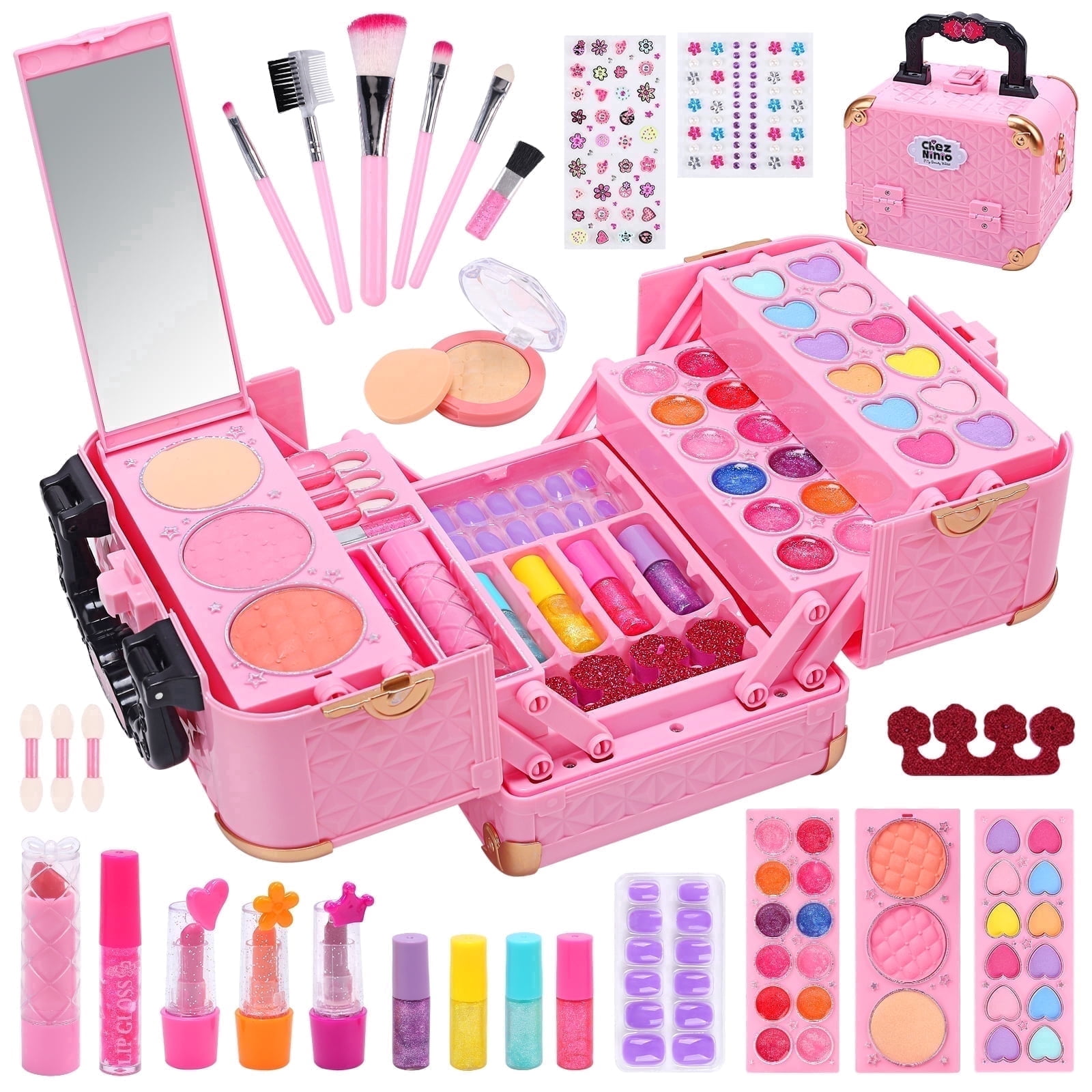 JoyStone 62Pcs Kids Washable Makeup Kit Make Up Set, Pretend Vanity Set with Makeup Case Birthday Toys for Girls 3-12 Year Old Kids
