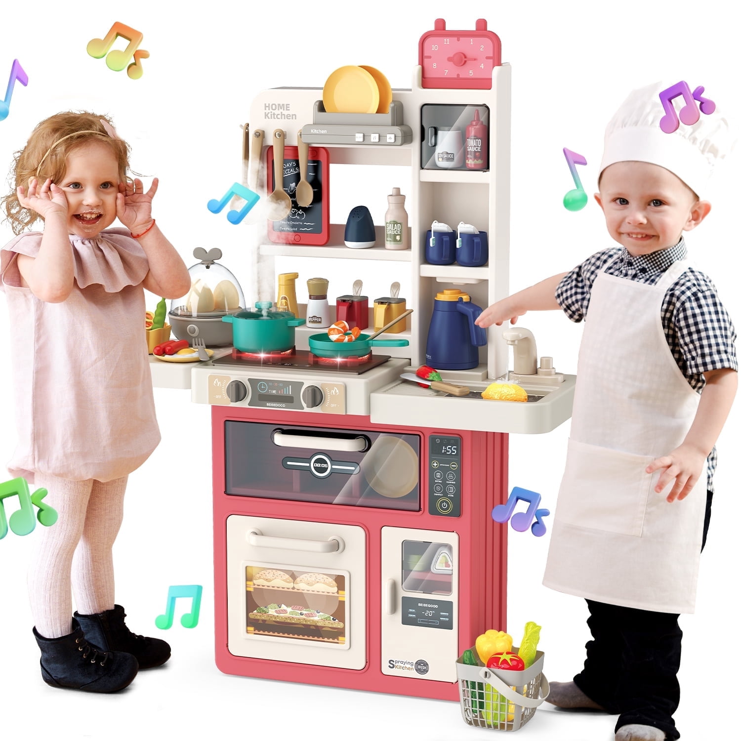 JoyStone JoyStone 63PCS Kids Kitchen Playset,Play Kitchen Toy with Realistic Lights & Sounds,Pretend Steam, Play Sink & Oven, Menu Board & Other Kitchen Accessories Set for Toddlers