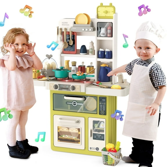 JoyStone 63PCS Kids Kitchen Playset,Play Kitchen Toy with Realistic Lights & Sounds,Pretend Steam, Play Sink & Oven, Menu Board & Other Kitchen Accessories Set for Toddlers
