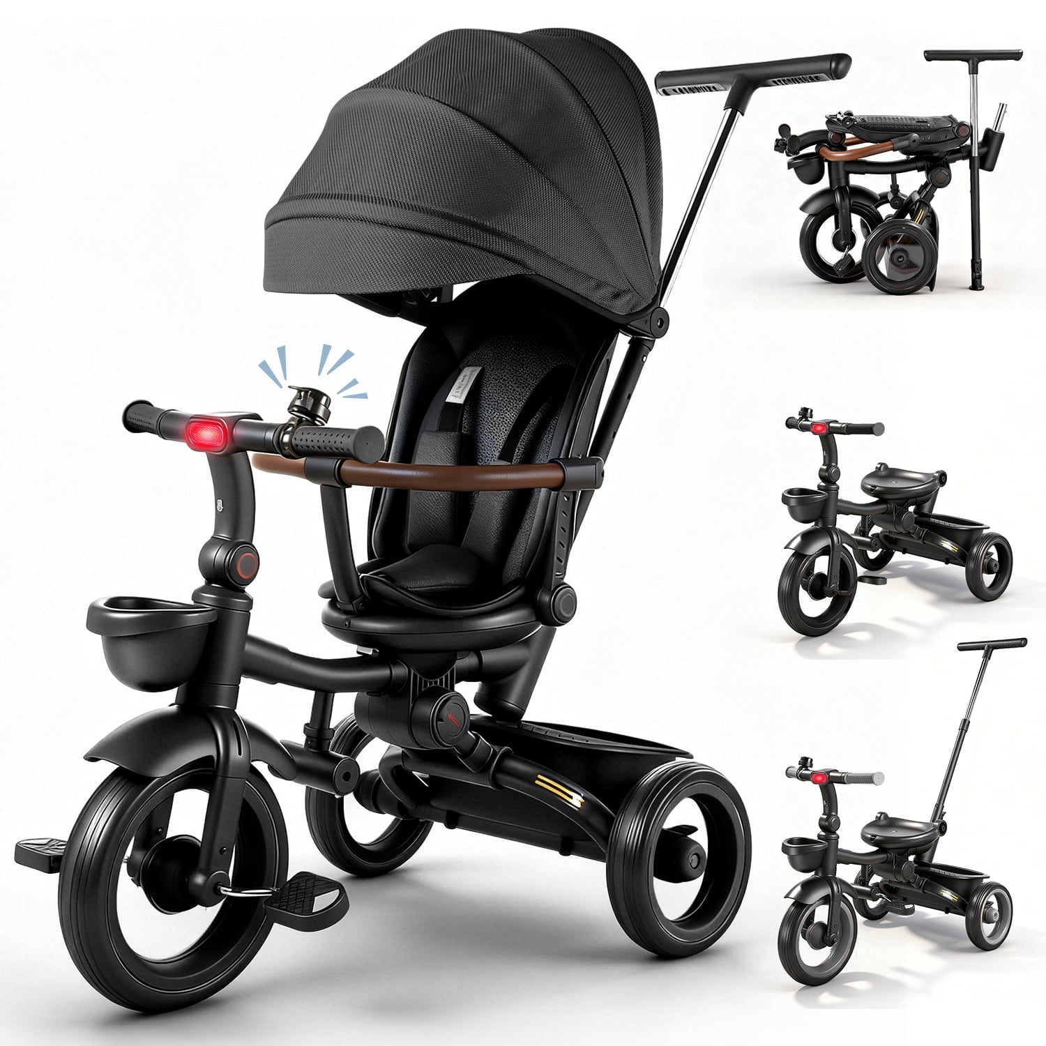 JoyStone 7 in 1 Foldable Tricycle Stroller for Toddler, Baby Tricycle with Adjustable Canopy, Parent Handle, Removable Pedals, Seat Belt and Storage Basket, Kids Bike for Ages 1-6 Boys & Girls, Black