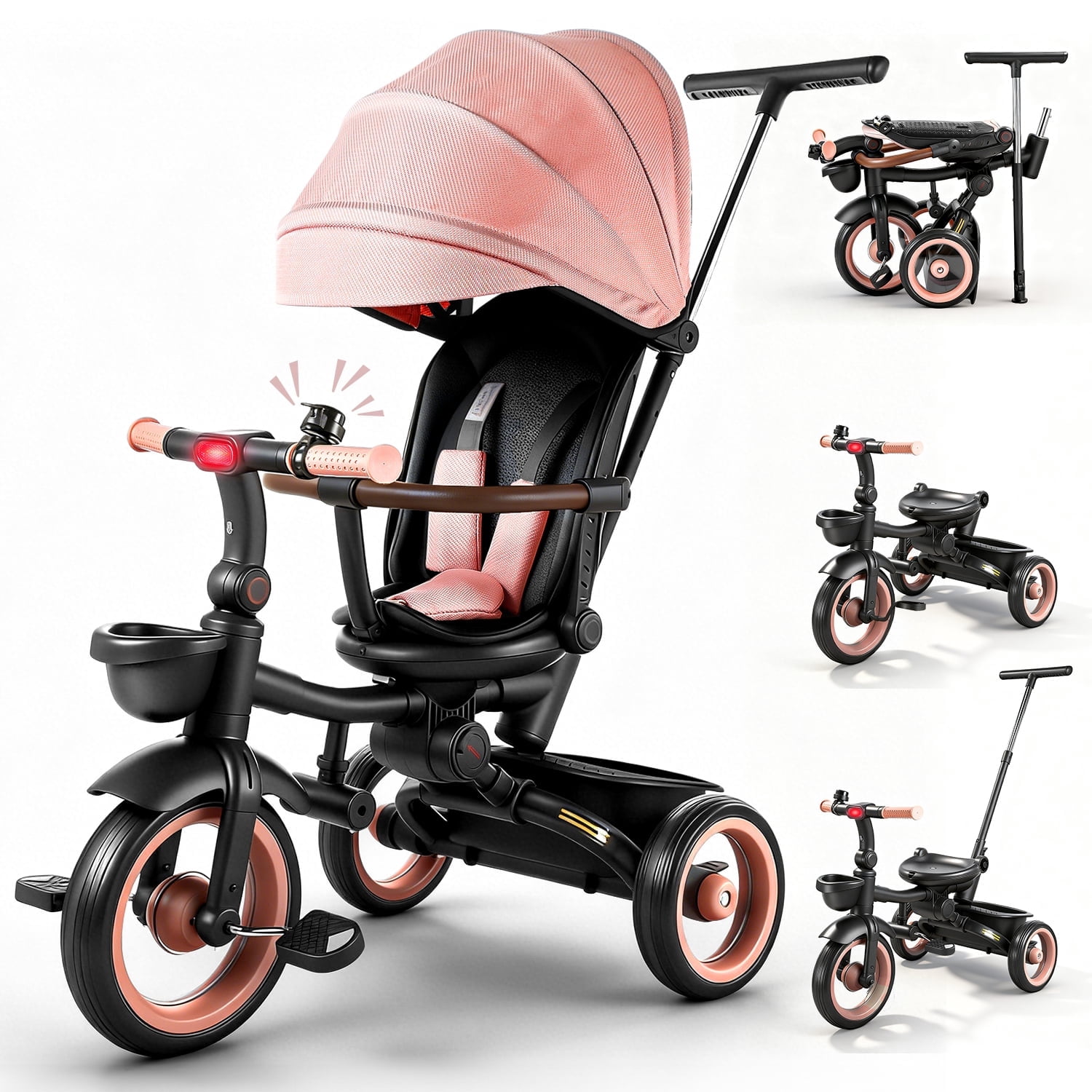 JoyStone 7 in 1 Foldable Tricycle Stroller for Toddler, Baby Tricycle with Adjustable Canopy, Parent Handle, Removable Pedals, Seat Belt and Storage Basket, Kids Bike for Ages 1-6 Boys & Girls, Pink