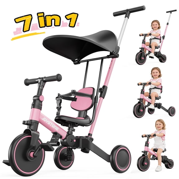 JoyStone 7 in 1 Foldable Tricycle for Toddlers with Adjustable Canopy, Detachable Backrest, Adjustable Seat and Handle and Parental Control Handle, Balance Bike for 1-4 Year Old Boys and Girls, Pink