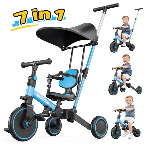 JoyStone 7 in 1 Foldable Tricycle for Toddlers with Adjustable Canopy, Detachable Backrest, Adjustable Seat and Handle and Parental Control Handle, Balance Bike for 1-4 Year Old Boys and Girls, Blue