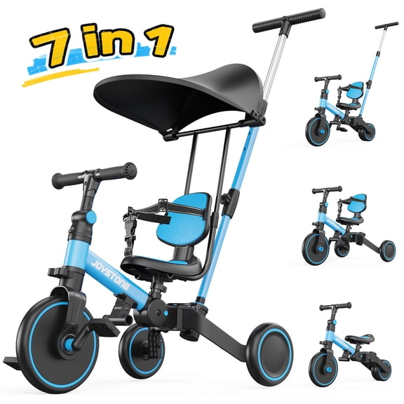 JoyStone 7 in 1 Foldable Tricycle for Toddlers with Adjustable Canopy, Detachable Backrest, Adjustable Seat and Handle and Parental Control Handle, Balance Bike for 1-4 Year Old Boys and Girls, Blue