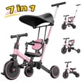 thumbnail image 1 of JoyStone 7 in 1 Foldable Tricycle for Toddlers with Adjustable Canopy, Detachable Backrest, Adjustable Seat and Handle and Parental Control Handle, Balance Bike for 1-4 Year Old Boys and Girls, Pink, 1 of 13
